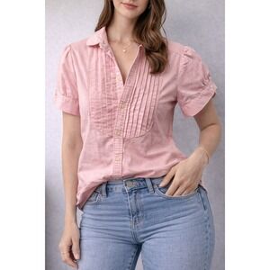 Ralph Lauren Sport Button Down Women 4 Pink Tuxedo Pleat Puff Sleeve Pearl Cuff